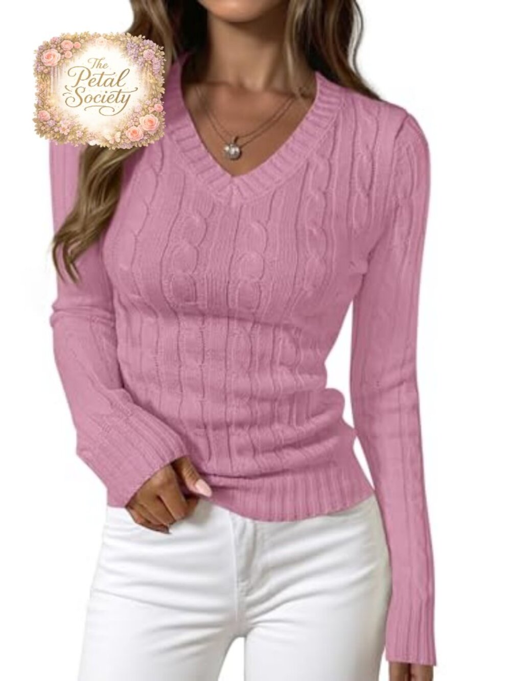Women's Cable Knit V Neck Fitted Long Sleeve Sweater Pullover